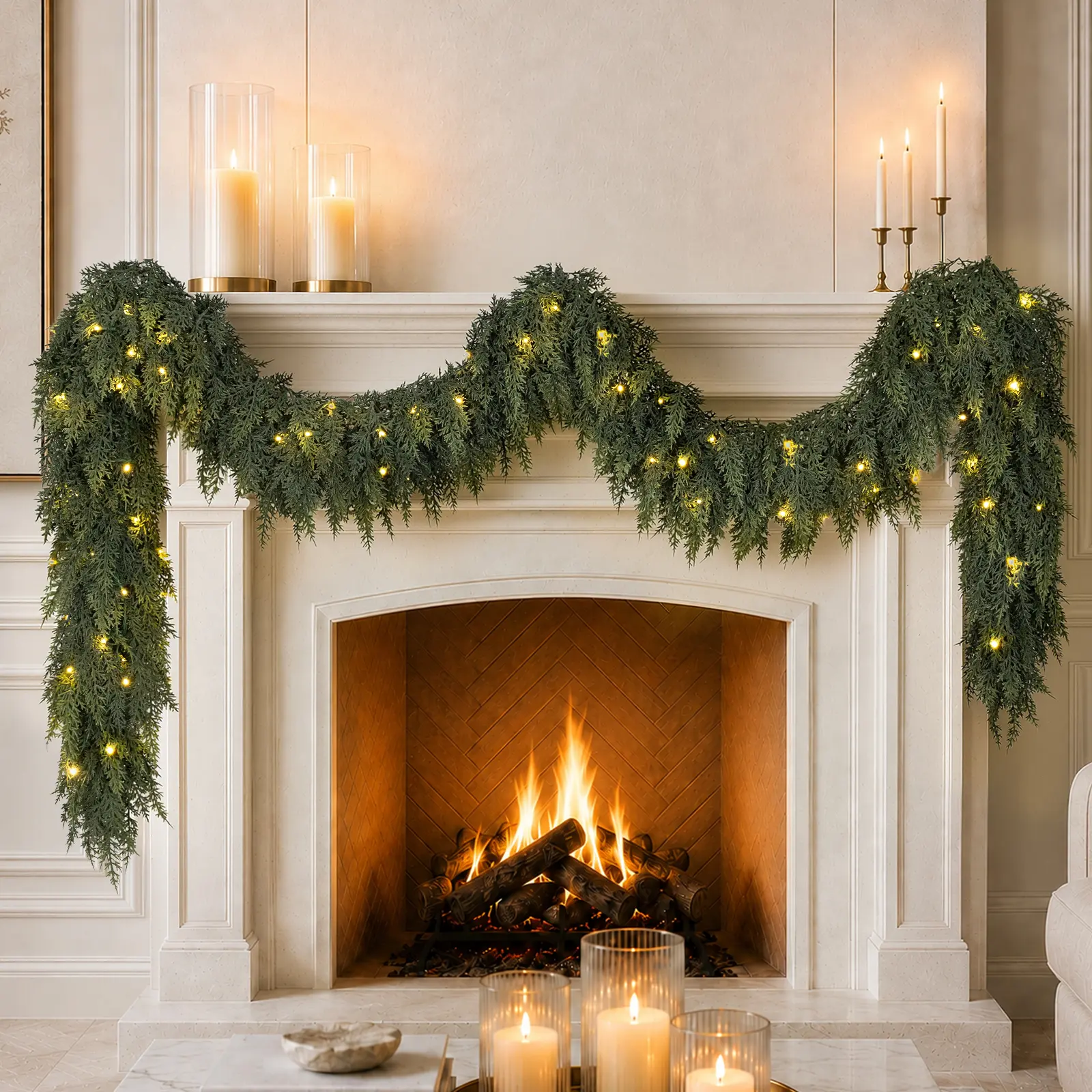 N&T NIETING 2-Pack 9FT Pre-Lit Artificial Cedar Evergreen Garlands, Classic Flexible Realistic PE Christmas Greenery, Warm LED Lights, Holiday Decoration for Fireplace Mantel, Stair Railing