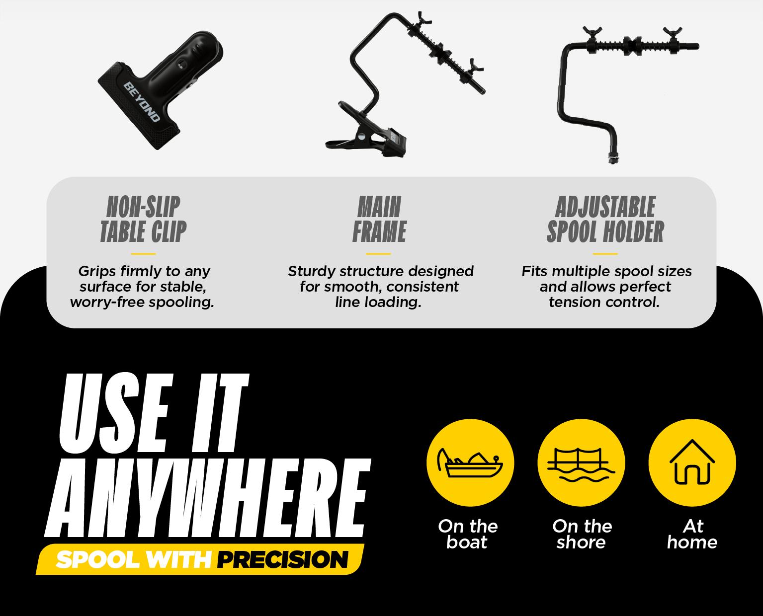 Beyond Braid EZ Fishing Line Spooler – Portable Table Mounted Reel Spooler for Spinning & Baitcasting Reels – Adjustable to Fit Multiple Size Spools of Fishing Line