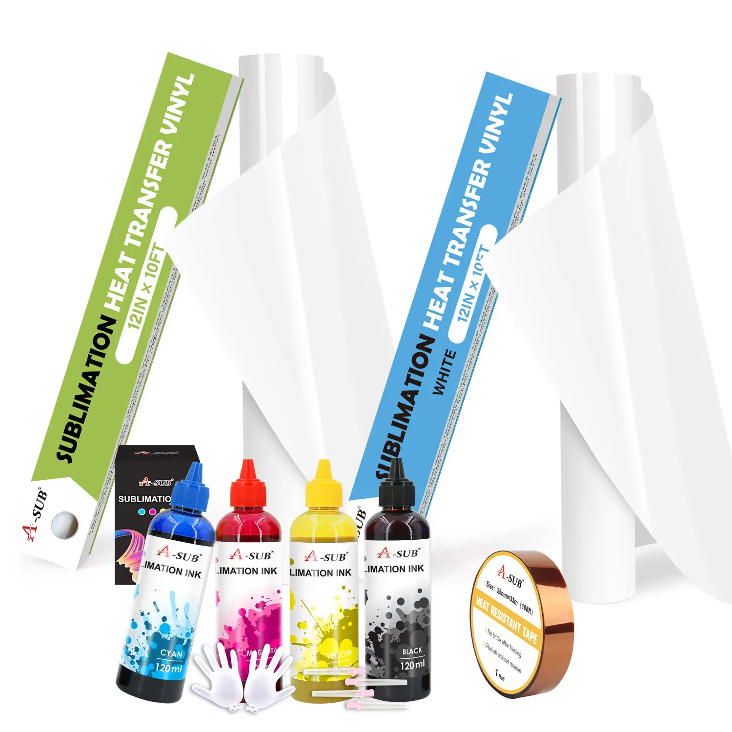 A-SUB Complete Sublimation Cotton Bundle – Clear & White HTV Vinyl (12"x10FT) + Epson Sublimation Ink (4x120ML) for T-Shirts, Bags, DIY Crafts