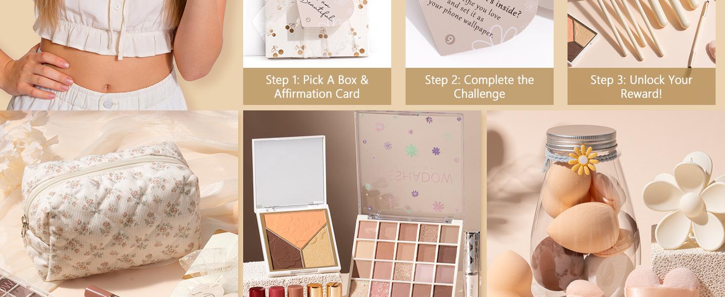 MAYICIVO Easter Gifts for Teen & Tween Girls Trendy Makeup Gift Set with Positive Affirmation Cards – 10 Individually Wrapped Beauty Gifts with Empowering Challenges, Motivational Birthday Gift Basket