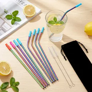 Clearance! 10Pcs Stainless Steel Straws Reusable Drinking Straws Colorful Curved Straight Straws with Cleaning Brush Storage Bag and 10 Silicone Tips Metal Straws Fit for 16 and 20 oz Tumbler Cups Drinkware Mug