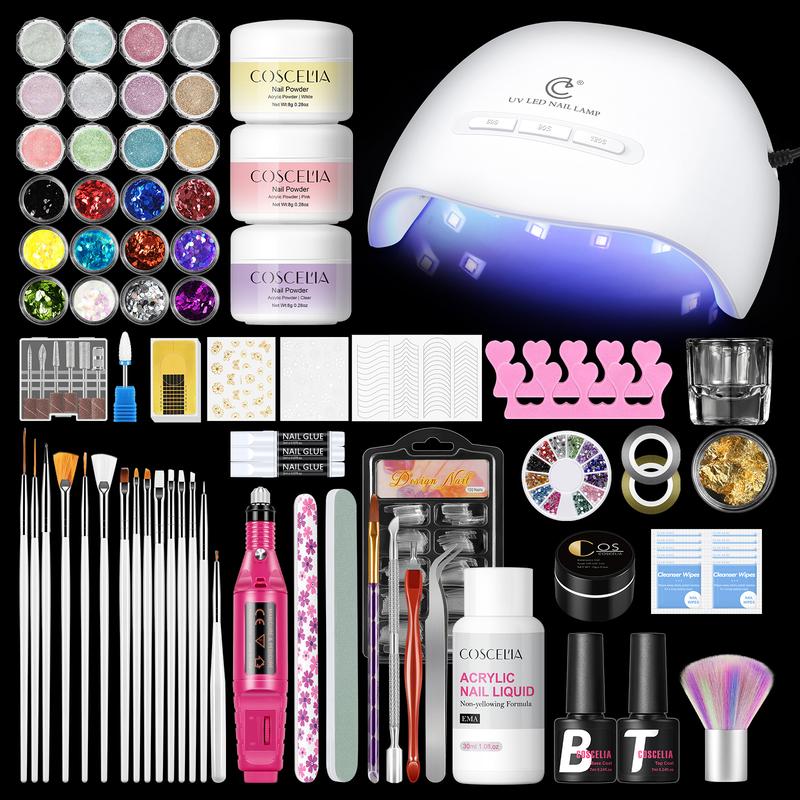 COSCELIA Acrylic Nail Kit for Beginners with Everything Professional Acrylic Powder Drill UV Light Glitter Decoration Set Complete Nail Art Kit for Home Salon Design Youth Friendly