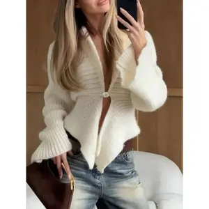 Women's Simple Knit Cardigan, Plain Single Button Design, Flare Sleeves, V-Shape Hem, Elegant French Style, Fall & Winter