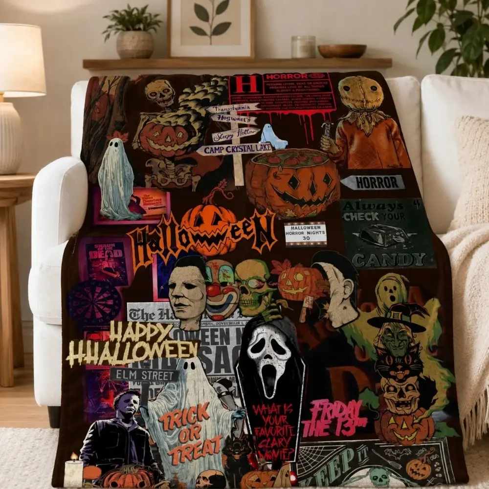 Halloween Horror Collage Blanket, Retro Vintage Horror Movie Poster Style, Graphic Throw Blanket, Flannel Throw Blanket, Cozy and Stylish Home Decor