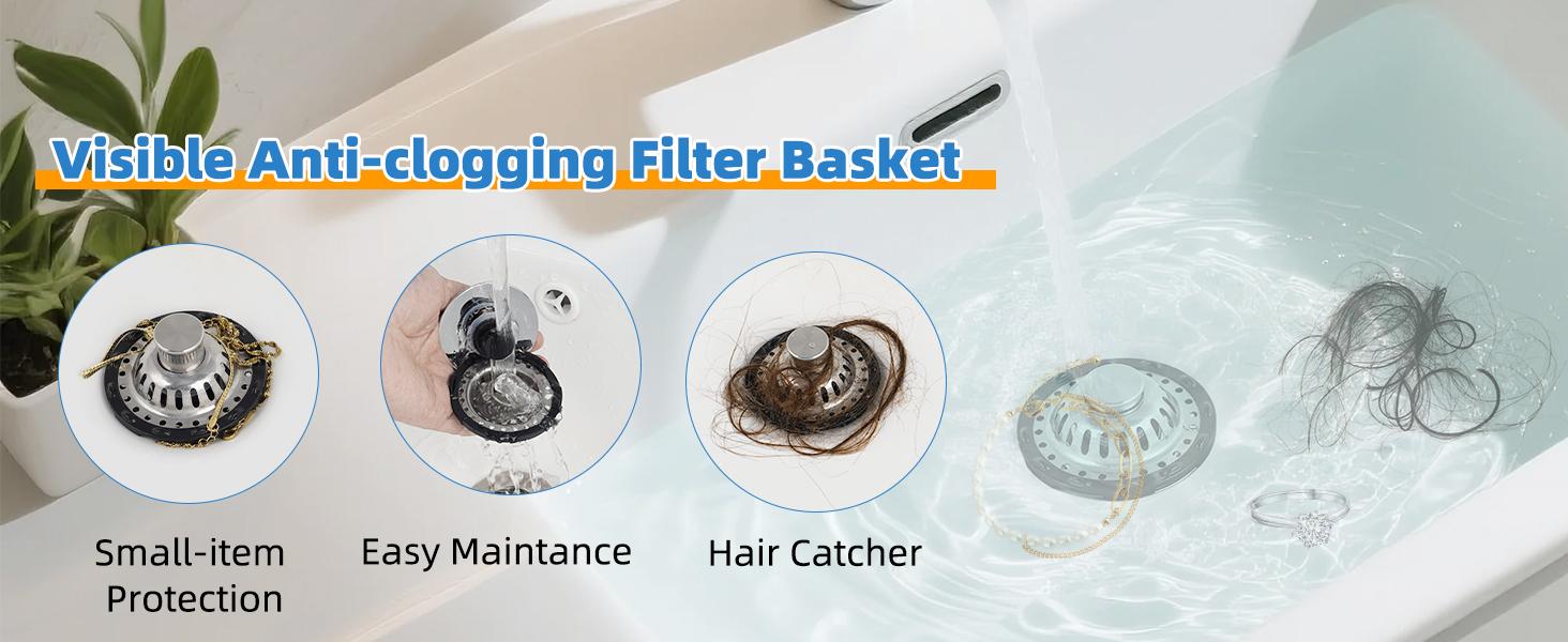 Upgraded Bathroom Sink Drain Stopper with Visible Top Stainless Steel Filter Basket Hair Catcher, 3 in 1 Pop-up Sink Strainer Fit for Standard 1.1''~2.36'' Basin Hole, Not for Bathtub, Chrome