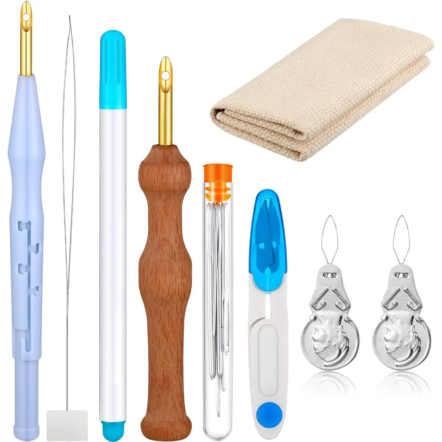 17-Count Adjustable Punch Kit with Wooden Handle Embroidery Pen & Large-Eye Sewing Needle - 10x10 Inch Synthetic Set for Beginners, Adults, Classroom Clubs, DIY Craft Gifts (Blue, Sky Blue) - Compatible with Purses, Towels, Curtains