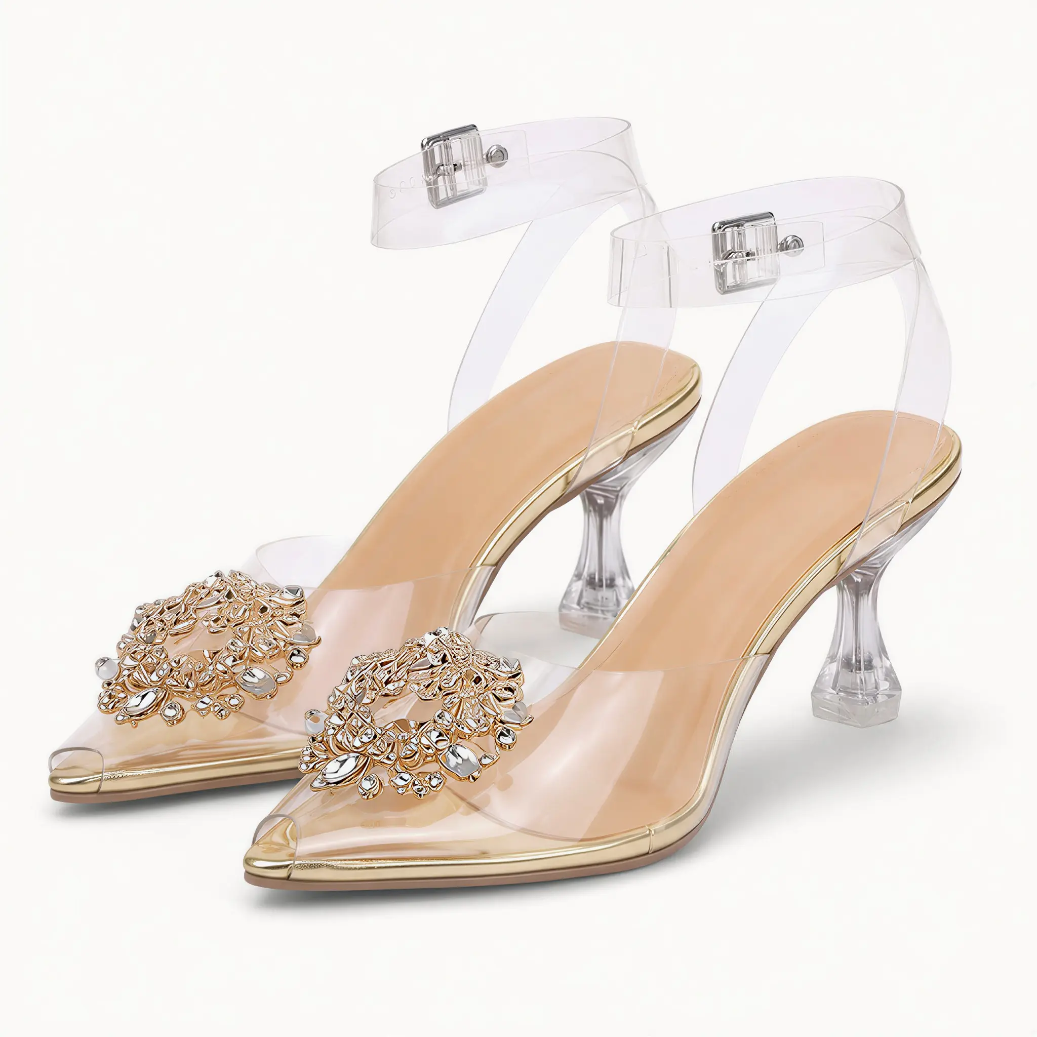 GeeYea women’s Clear Ankle Strap Heels, Pointed Toe PVC Slingback Sandals with Rhinestone Ornament, Transparent High Heel Dress Shoes for Party, Wedding, Date Night & Spring Summer Outfits