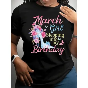Plus Size Womens March Birthday Graphic T Shirt Featuring Floral Butterfly Print and Vibrant Birthday Month Design for Spring Summer and All Season Casual Wear