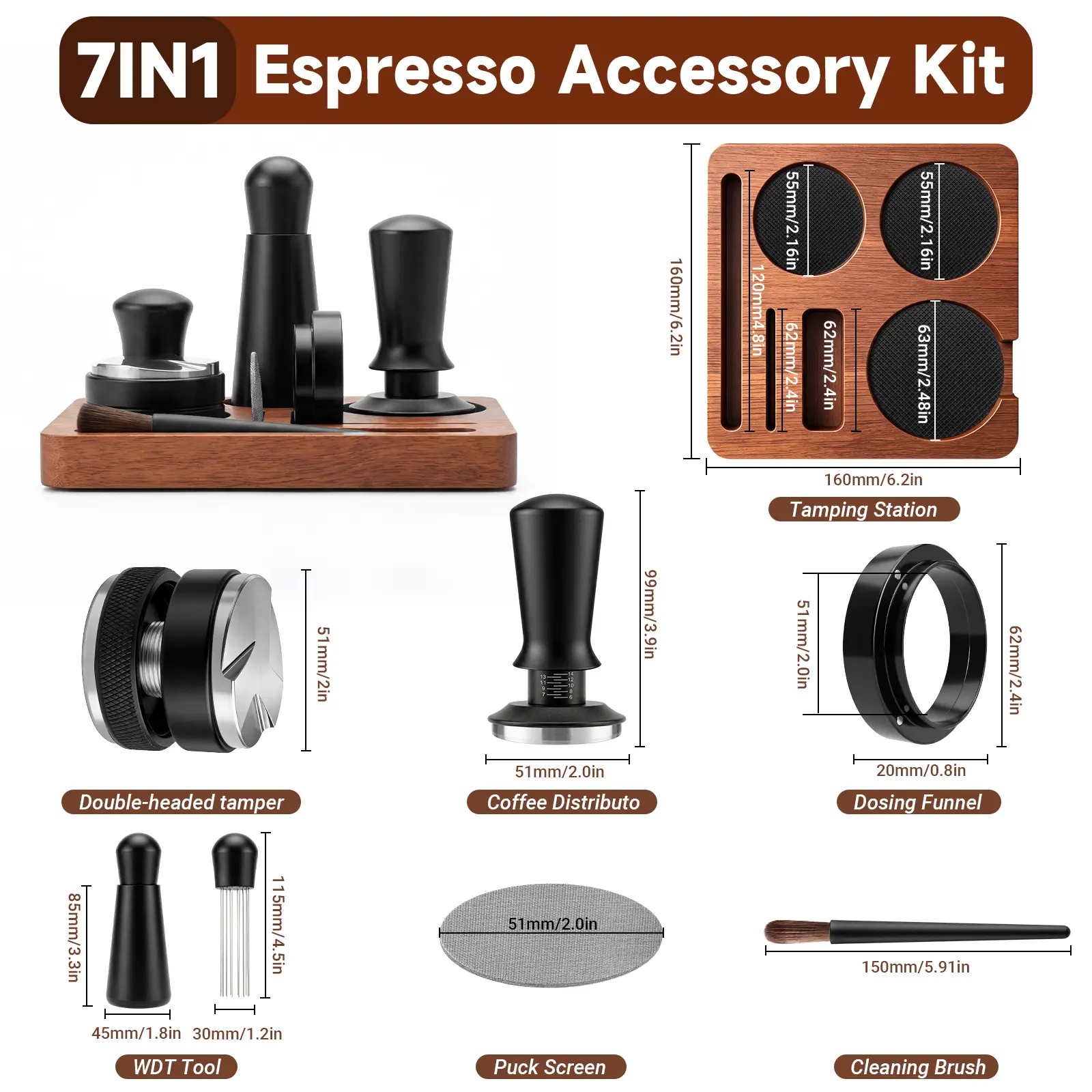 SXHELECOK 7 PCS Espresso Accessories Kit,51mm Dual Head Coffee Distributor, Espresso Tamper with Wood Espresso Tamping Station,Stirrer, Dosing Funnel,Brush,Puck Screen,WDT Tool Fits Breville Espresso Machines