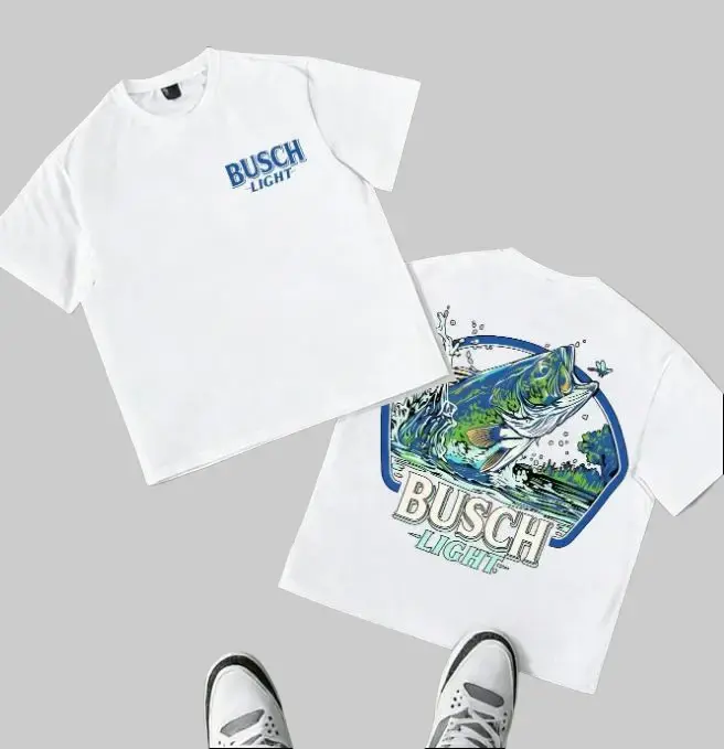Busch Light Bass Fishing T-Shirt – Vintage Largemouth Bass Fishing Graphic Tee, Premium White Cotton Apparel Outdoor Beer Lover Novelty Gift for Anglers & Fishermen, Menswear Medium Men's