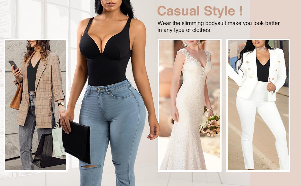 FeelinGirl Women V Neck Bodysuit Thong Tummy Control Shapewear TTS Basic Fabric Womenswear