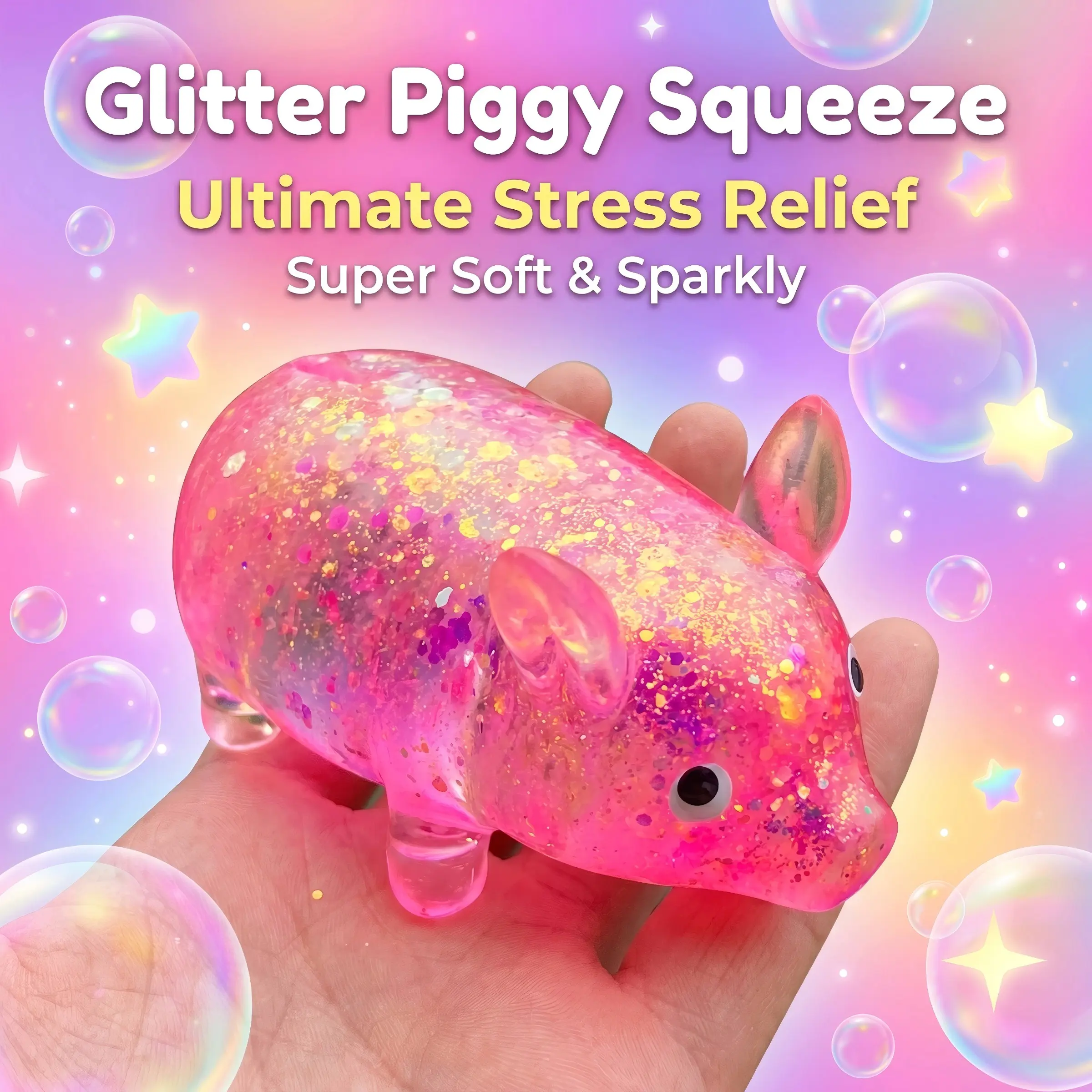 Cute Glitter Piggy Squishy Squeeze Toy, Soft Sparkly Stress Relief Pig Toy, Slow Rebound Sensory Fidget Toy for Kids and Adults, Anxiety Relief Decompression Toy