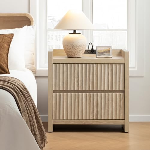 SICOTAS Night Stand Set of 2 Fluted Nightstands with Charger Station, Large Modern Nightstand Bedside Table End Table with 2 Drawers, 25" Wide Farmhouse Night Stands for Bedroom, Sofa Side