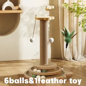 Interactive Cat Scratching Post - 4-in-1 Wooden Toy with Ball Tracks, Feather Toy &  Balls