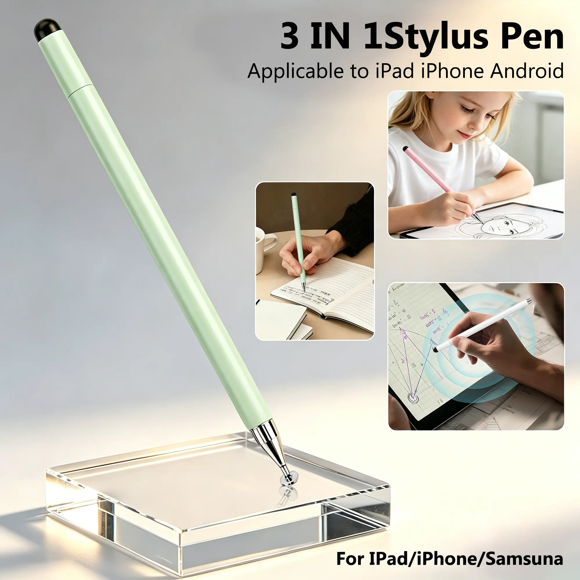 3-in-1 Magnetic Transparent Stylus Pen - Ballpoint, Flat Nib, Touchscreen Tablet Accessories for Paper, iPad, Smartphone, Switch | Ideal for School, Office