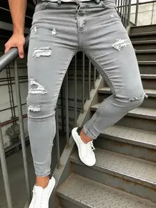 SRETOUU Men’s Slim Fit Stretch Solid Color Jeans – Distressed Street Style, Casual Ripped Denim Pants, Classic Design