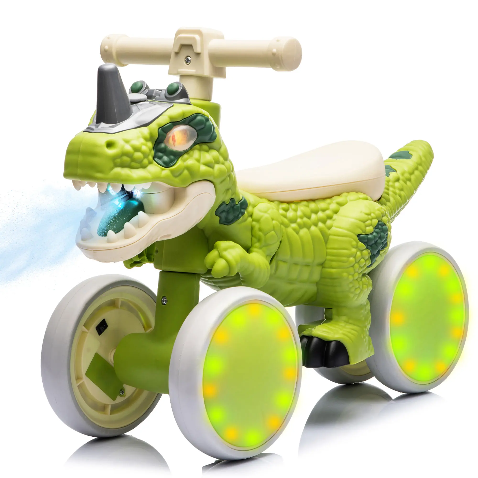 Unisex Dinosaur Kids Ride-On Balance Bike for Toddlers Ages 1-3, 4-Wheel No-Pedal Walker Scooter w/ Light-Up Wheels, Spray Function, Sound Effects, Music, EVA Tires, Safety-Enhanced Design (Kids Toys, Toddler Toys)