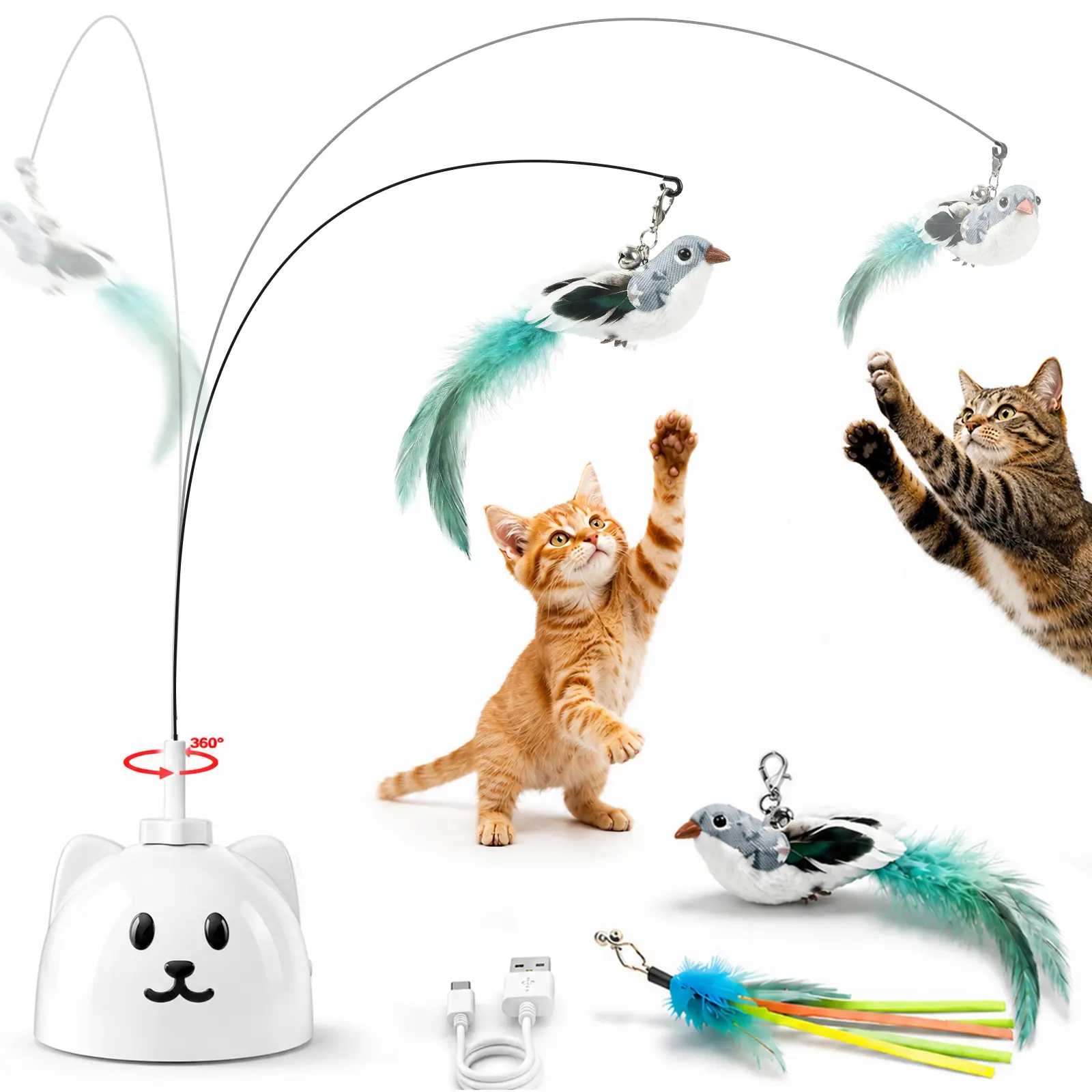 CATPICK Interactive cat toys for indoor cats—automatic feather toy that flutters like a bird, USB-rechargeable electric cat teaser with a suction cup base, 360° rotating cat toy, and smart, sensor-activated self-play puzzle toys designed for bored cats
