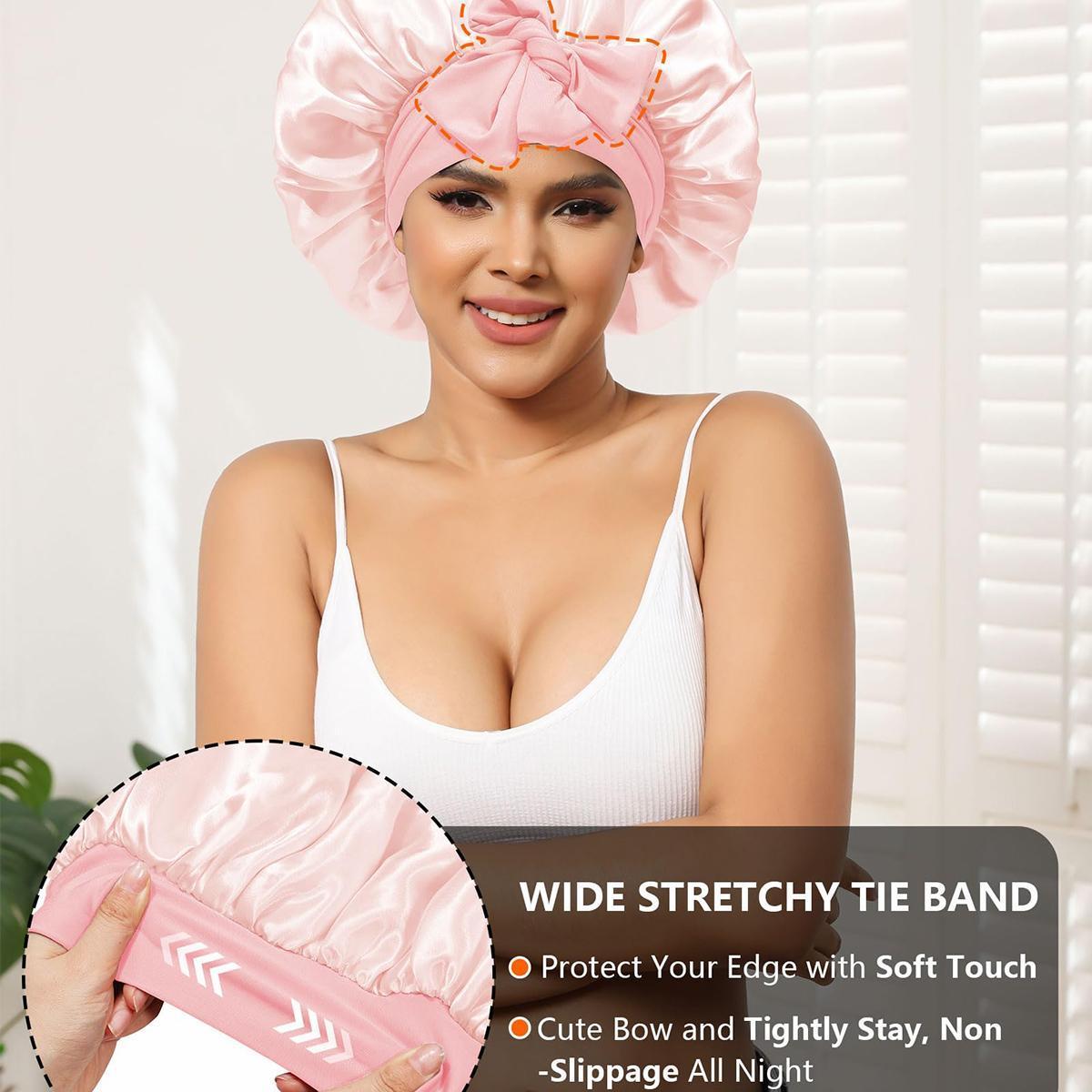 AWAYTR Double Layered Two Color Satin Bonnet Women's Silk like Bonnets for Sleeping with Tie Band Curly Hair Care Night Cap Gifts