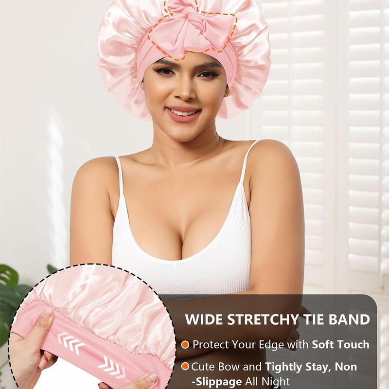 AWAYTR Double Layered Two Color Satin Bonnet Women's Silk like Bonnets for Sleeping with Tie Band Curly Hair Care Night Cap Gifts