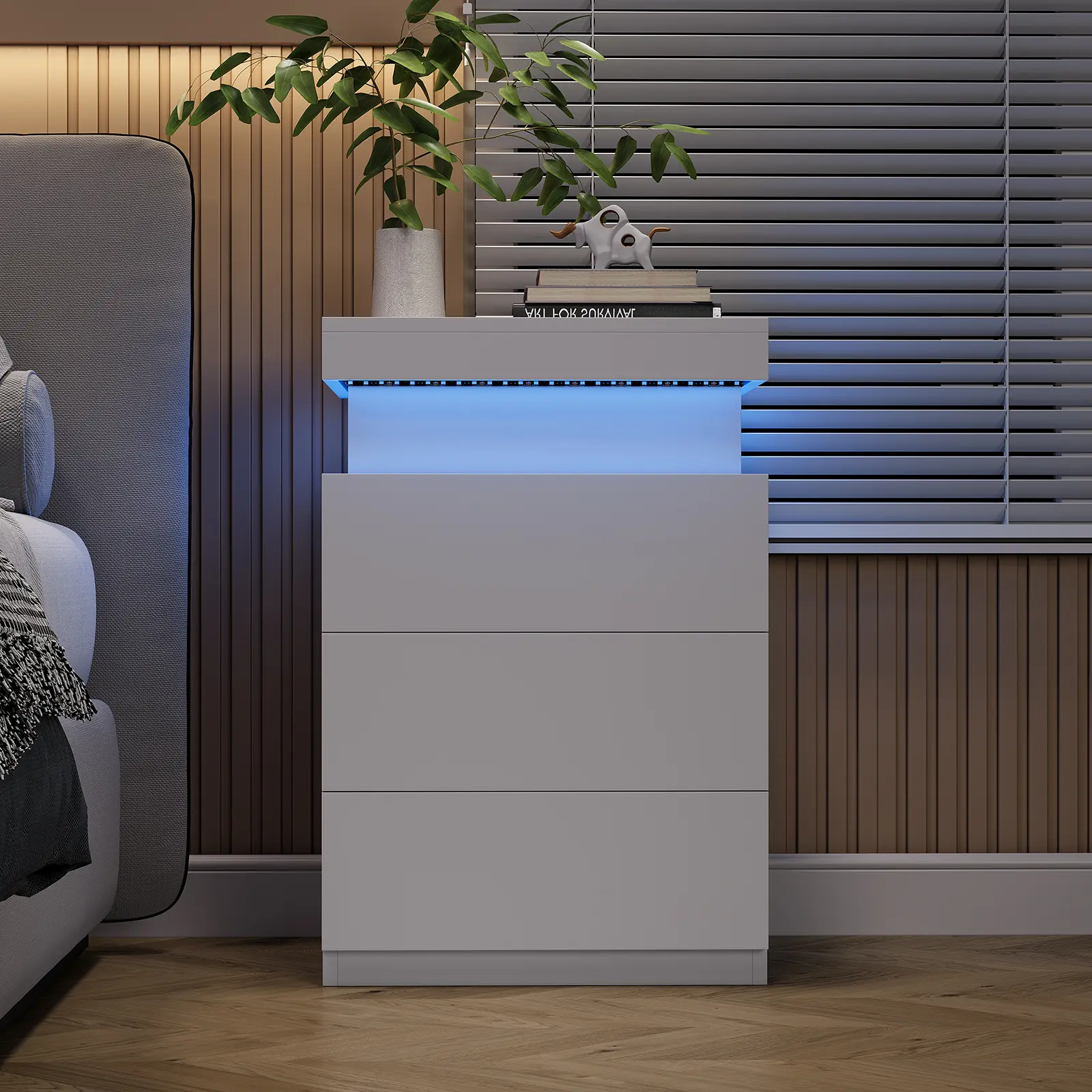 3-Drawer RGB Lighting Modern Wooden Bedside Table - Pedestal Base, Rectangle Form, Sliding Tabletop, Charging Station, Hidden Storage Compartment, Bedroom Indoor Furniture for Room Decor