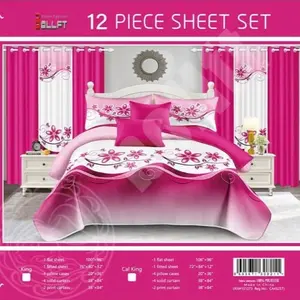 Royal Pink Blossom 12-Piece King Sheet Set – Vibrant Pink & White Floral Complete Bedroom Bedding Set with Matching Curtains ️