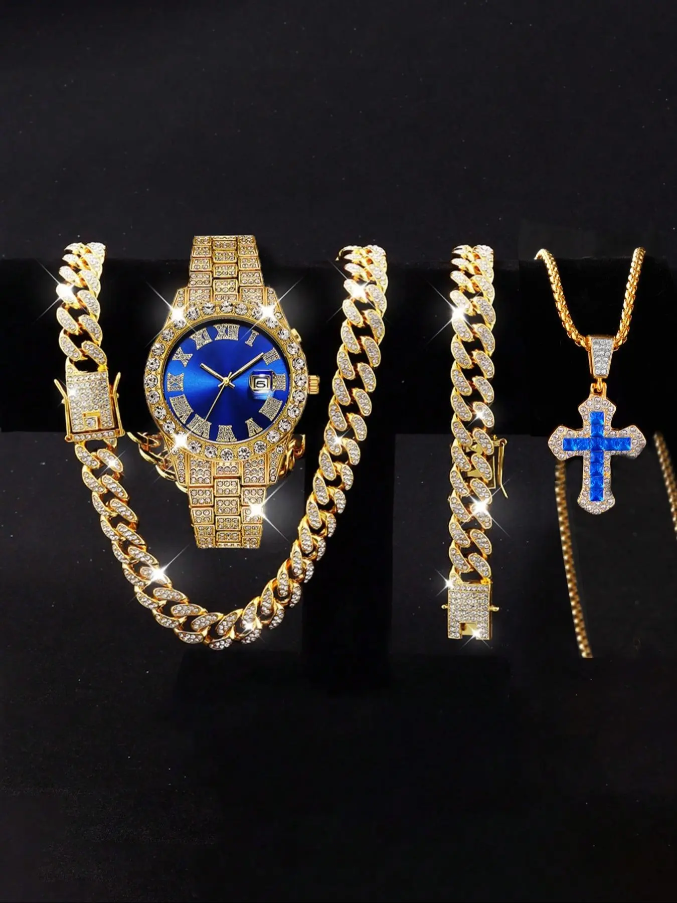 Men's Luxury Rhinestone Decorated Quartz Watch & Elegant Jewelry Set, Including Round Dial Watch & Bracelet & Necklace, Fashion Watch Set for Party, Daily Decor, Trendy Watch Set