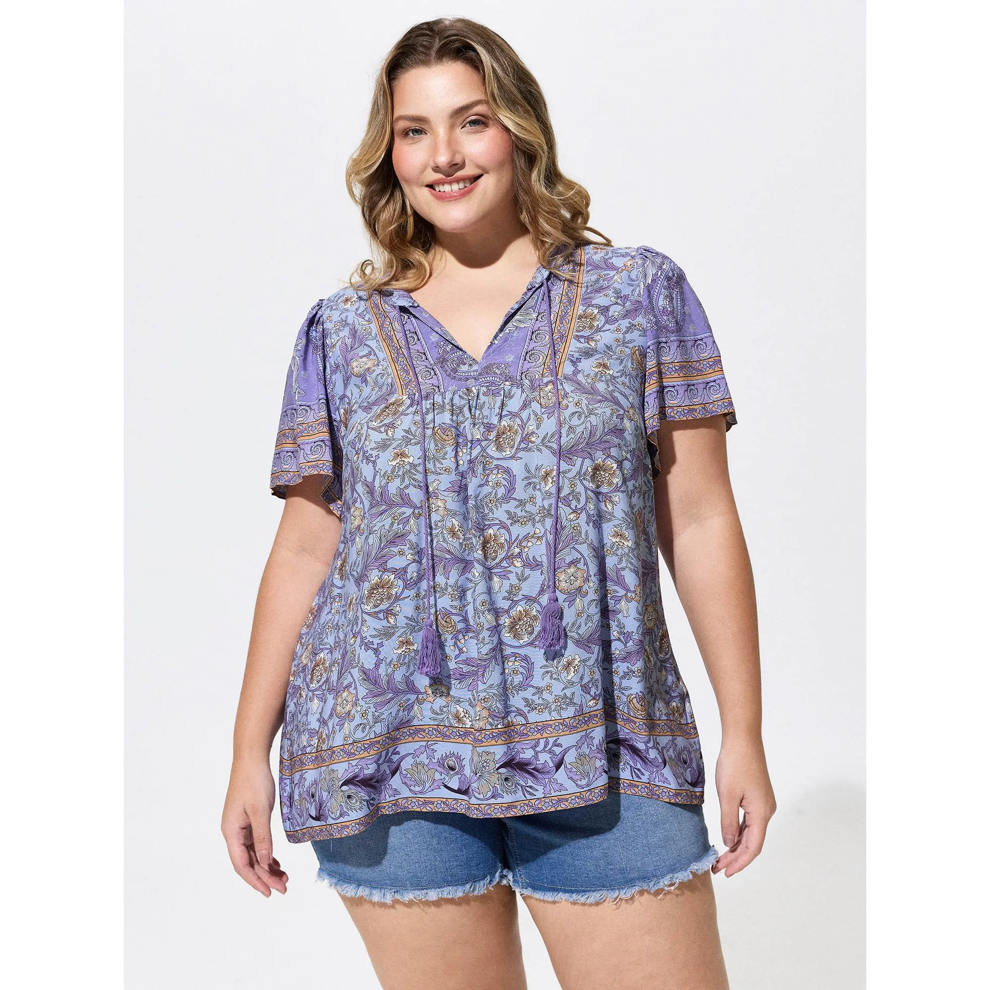 BLOOMCHIC Women's Plus Size Bohemian Rayon Floral Print Blouse - Tops with Tassels, Ruffled Sleeves, Ruched Details, Ethnic Accents [M-6X] for 2026 Summer Vibes,Summerfinds