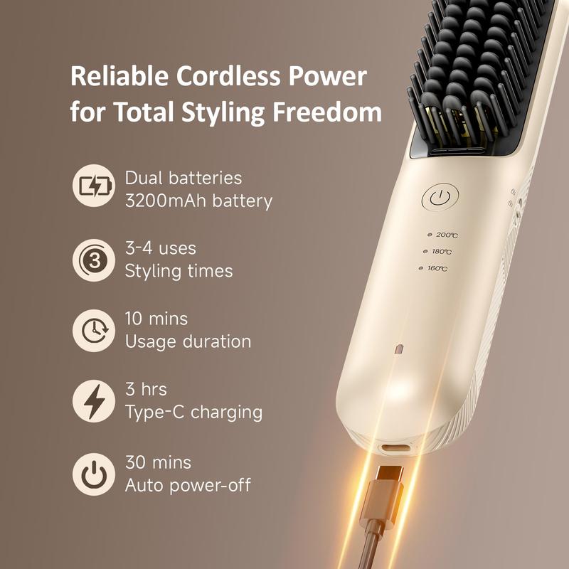 【Wireless Freedom】HS1 Cordless Straightening Brush - 40 Min Runtime, Fast Heat, Double-Layer Anti-Scald, Travel-Friendly, Style Anywhere, Anytime