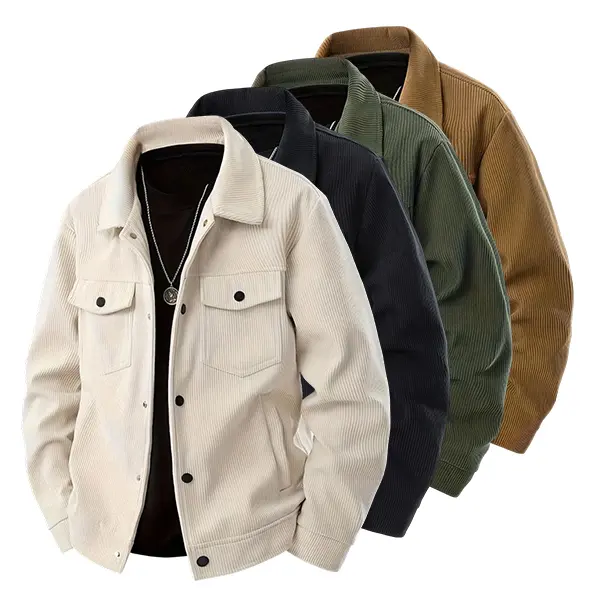 Elevate your daily outfits with this classic corduroy outerwear for mensfashion featuring turn‑down collar and practical flap pockets. It delivers relaxed tailored fit, great for casual outings and daily layering to build timeless modern male wardrobes. ﻿