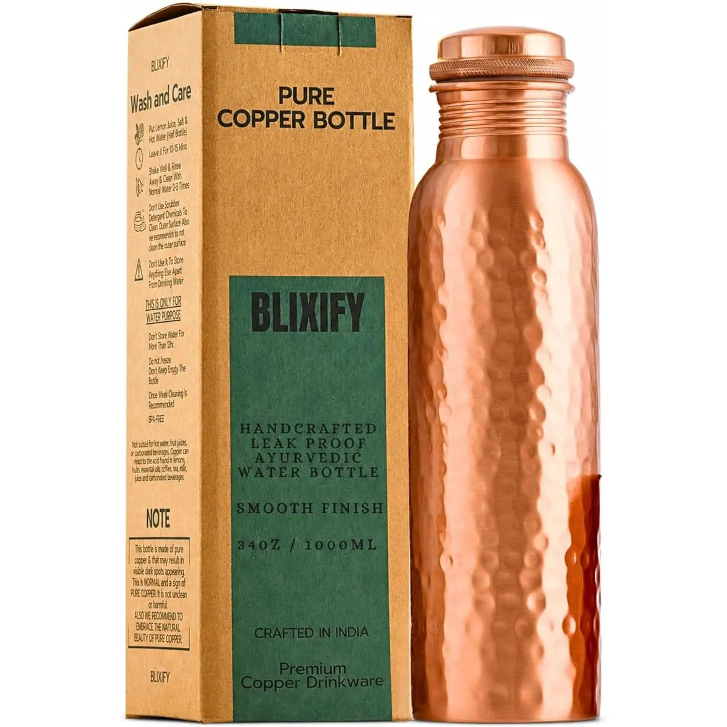 Copper Water Bottle 34oz - 100% Pure Ayurvedic Handcrafted Design - Eco-friendly Premium Quality - Bpa-free Heavy Duty Leak-proof & Lab-tested - Health Benefits for Daily Use, Sports, Travel & Gifting