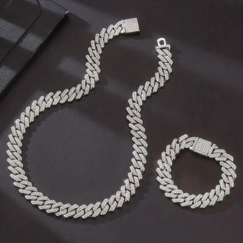 Men's 14mm Iced Out Cuban Link Alloy Jewelry Set - 8inch Bracelet & 20inch Necklace with Lobster Clasp, Gold Plated Hip Hop Bling, Anniversary Gift for Boyfriend, Streetwear Costume Accessory, Bracelet: 8 Inches, Jewelry Sets, Fashion Jewelry Set