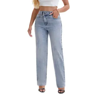 Genleck Women's Straight High Waist Stretch Jeans - High-Waisted Distressed Denim for Casual and Everyday Wear