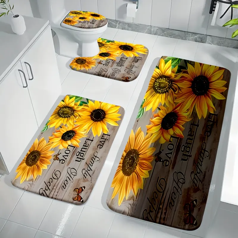 4pcs Bathroom Non-Slip Mat Set, Sunshine Bright: Bathroom Decor Set - Warm Wall Art with Sunflower and Butterfly Design, Enhances Bathing Experience, Comfortable U-Shaped Toilet Mat, Toilet Lid Cover, Bathroom Decor