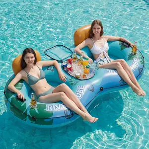 2 Person Inflatable River Tube Float with Cooler & Enhanced Backrest, Quick Inflate Pool Lake Raft Lounger