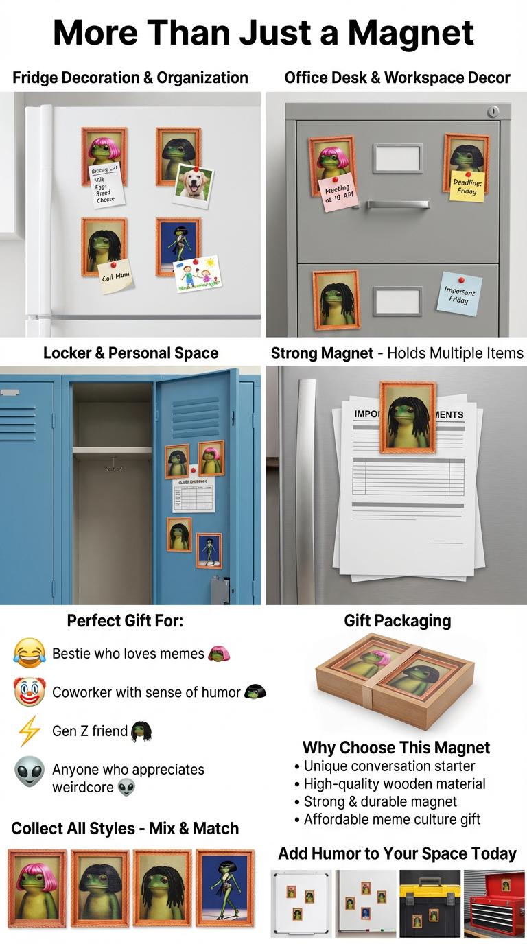 Funny Frog Magnet with Bob Haircut - Weird Core Fridge Decor - Cute Meme Gift for Bestie & Coworker Wooden Sass Sign