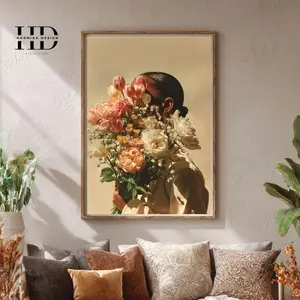 Canvas Or Poster Wall Art , Black Woman Floral Portrait Art Print | Modern Feminine Decor|Framless Poster G