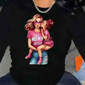 Adorable Mom & Daughter Graphic Black Long-Sleeve Top |   "I'm a Mother, What's Your Super Power?" Stylish Casual Wear for Proud Mamas Black CLL T-shirts-3536