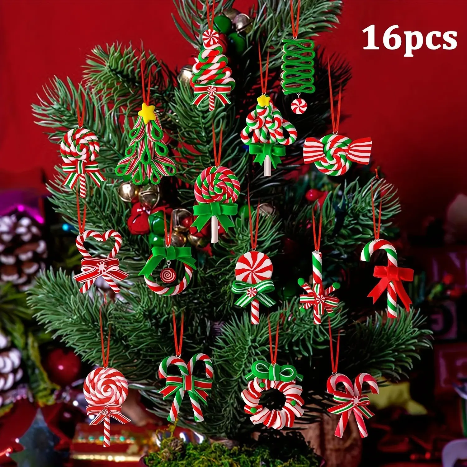 Candy Cane Ornaments,16 Pcs Christmas Candy Cane Ornament With Wreaths, Lollipop, Christmas Trees And Candy Canes Designs Ornaments For Xmas Tree Decoration, Polymer Clay Ornaments For Party Favor,Candy Cane Ornaments