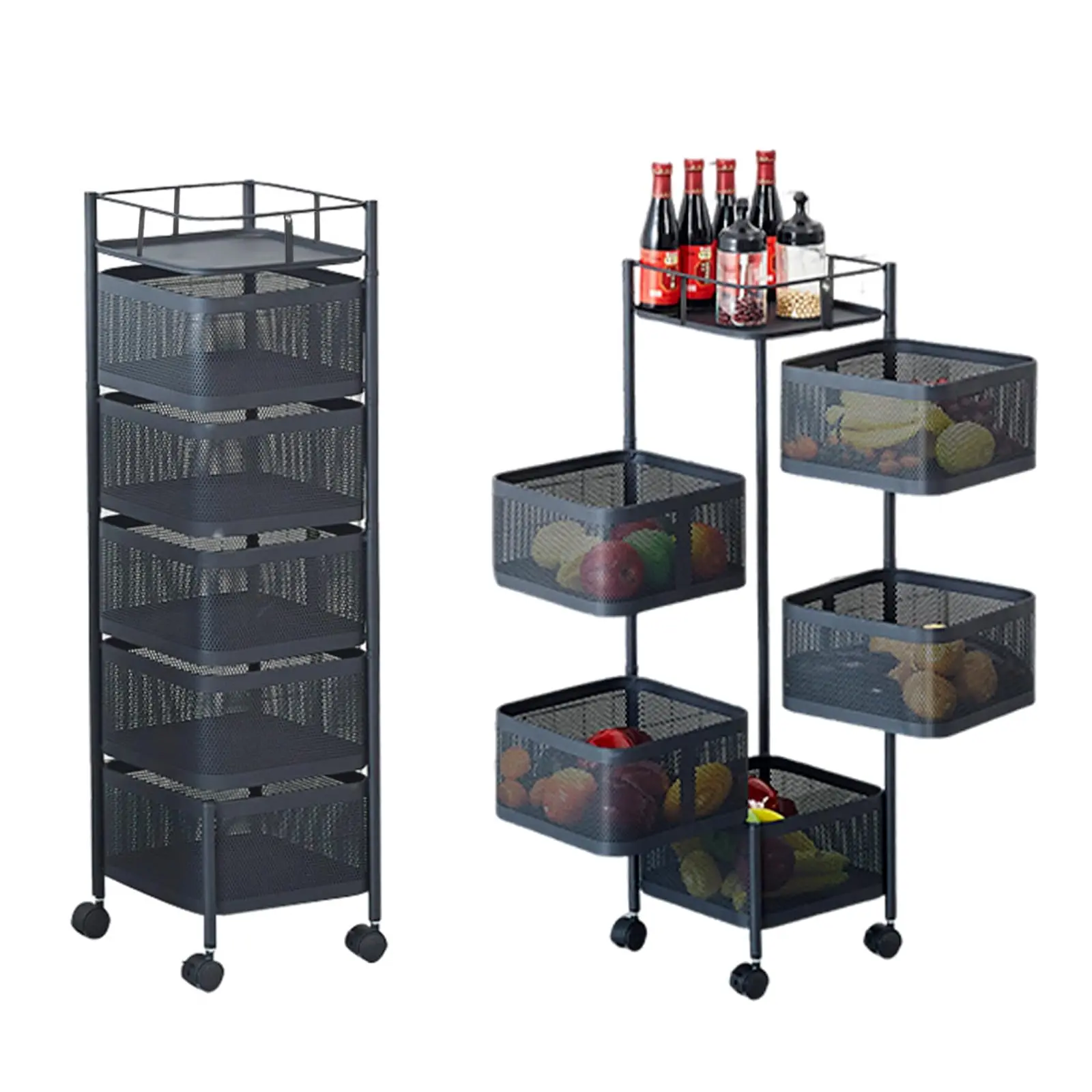 Garvee Upgraded Rotating Metal Mesh Kitchen Storage Rack Cart – 5 or 6 Tiers – Rolling Organizer for Fruits, Vegetables, Snacks – Lockable Wheels – Space-Saving Pantry, Bathroom, Living Room Shelf – Black or White