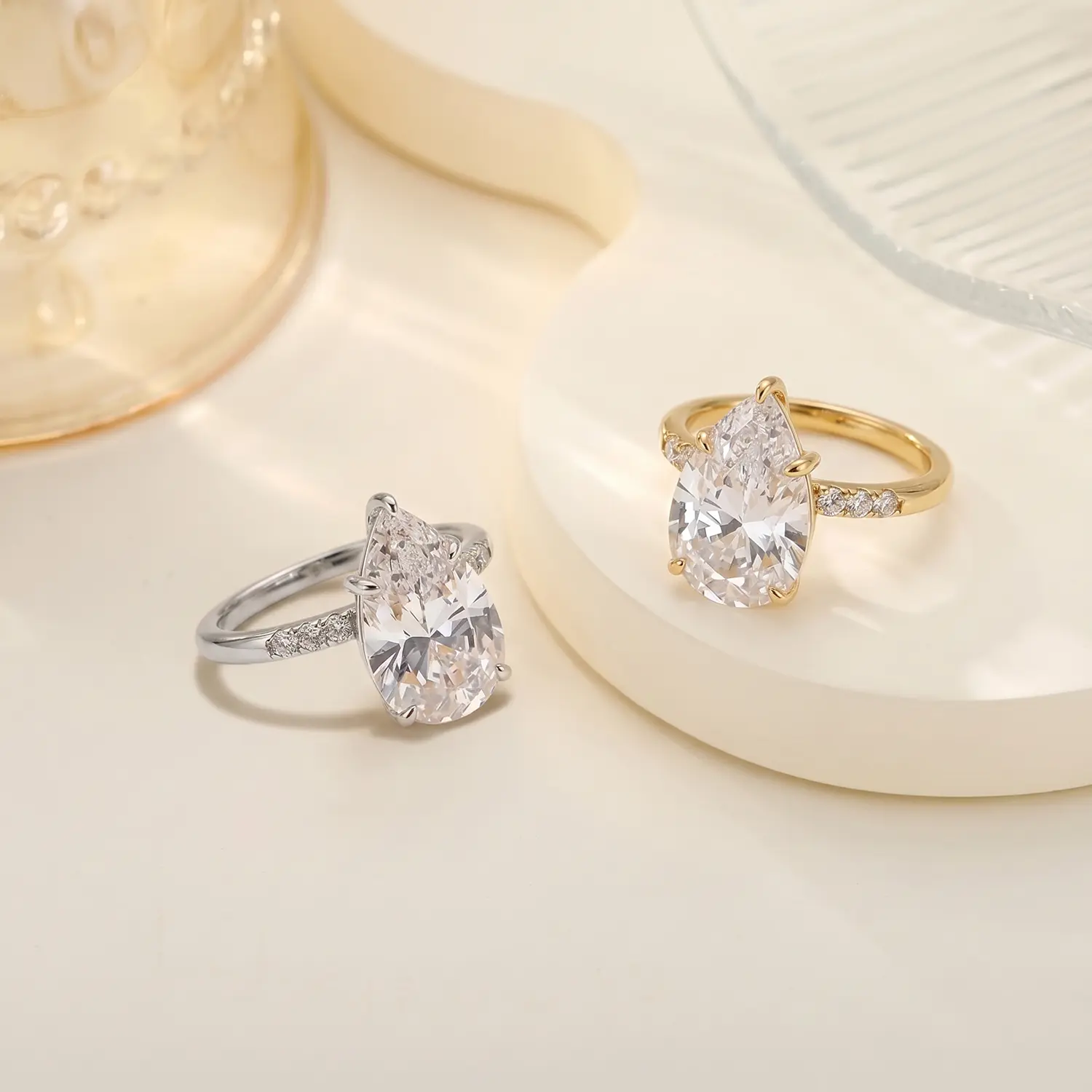 3CT Pear Cut Engagement Ring | 14K Gold & White Gold Plated Teardrop Bridal Wedding Ring