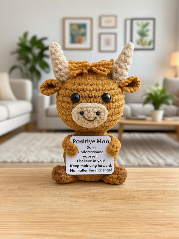Positive Crochet Cow, Amigurumi Plush Toy, Motivational Bull Gift, Handmade Cow Stuffed Animal, Cute Desk Buddy, Uplifting Cow Decor