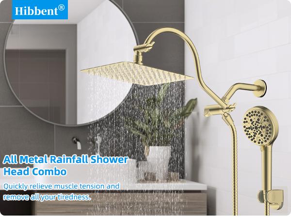 Hibbent All Metal High Pressure Rainfall Shower Combo/Handheld Showerhead Combo with 12'' Adjustable Curved Shower Extension Arm, 10-Spray, 71'' Hose, Showerhead Holder, Brushed Gold