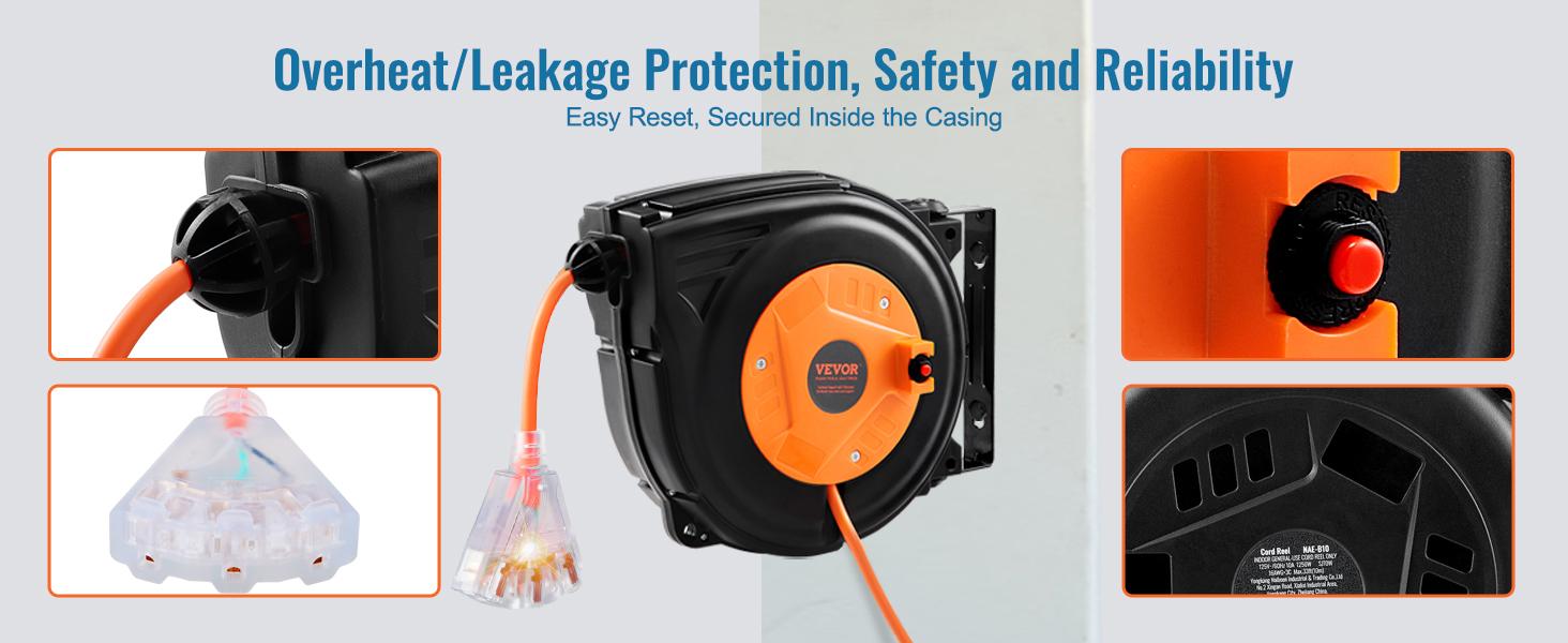 VEVOR Retractable Extension Cord Reel, Various specifications, Heavy Duty 3C SJTOW Power Cord, with Lighted Triple Tap Outlet, 15 Amp Circuit Breaker, 180° Swivel Bracket for Ceiling Tested to UL Standards
