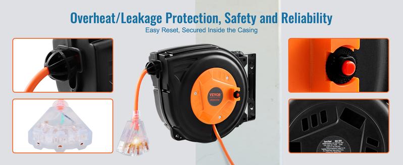 VEVOR Retractable Extension Cord Reel, Various specifications, Heavy Duty 3C SJTOW Power Cord, with Lighted Triple Tap Outlet, 15 Amp Circuit Breaker, 180° Swivel Bracket for Ceiling Tested to UL Standards
