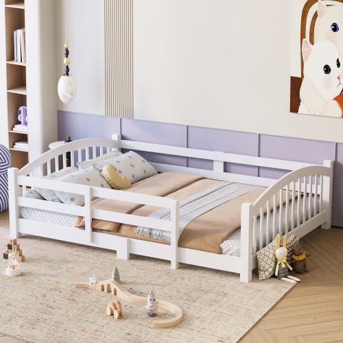 [Bellemave]Twin/Full Montessori Floor Bed with Slats and Safety Guardrails, Solid Wood Floor Bed with Fence and Without Door, Easy Assemble Montessori Bed for Girls and Boys,