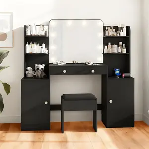 53" W Makeup Vanity Set with Chair and Power Outlet, Big Vanity Desk with Mirror and Lights, 3 Color Lighting Modes & Adjustable Brightness for Bedroom, Black