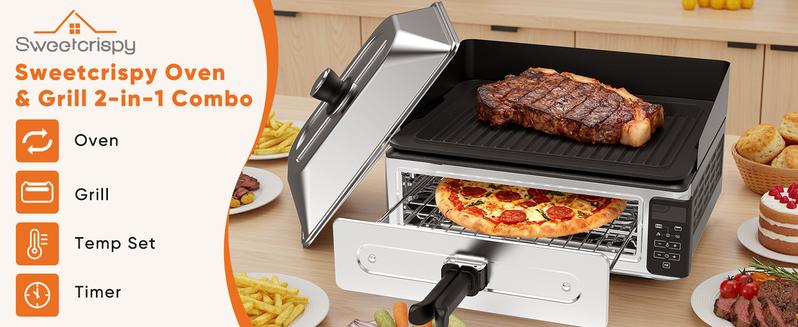 Sweetcrispy Electric Grill Indoor for Steak & Veggies Smokeless Griddle with Lid Temp Control Grill Plate Splash Guard Crumb Tray 2-in-1 Multifunctional Cooking Modes Pizza Toast Grill Warm
