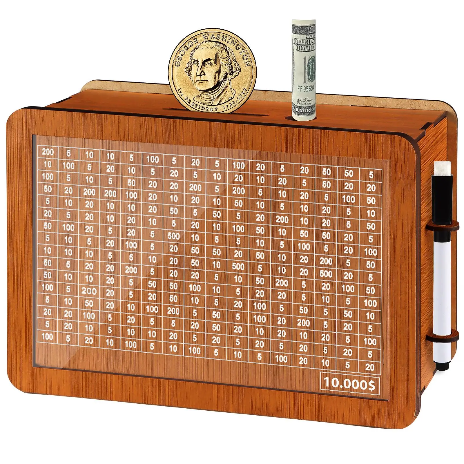Larger Size Brown Wooden Unisex Piggy Bank - Cash Vault Kakeibo Savings Challenge Box with Counter, Dry Erase Pen, Decorative Acrylic Cash Coin Bank, Educational Maths Toy Gift for Adults, Acrylic Piggy Bank