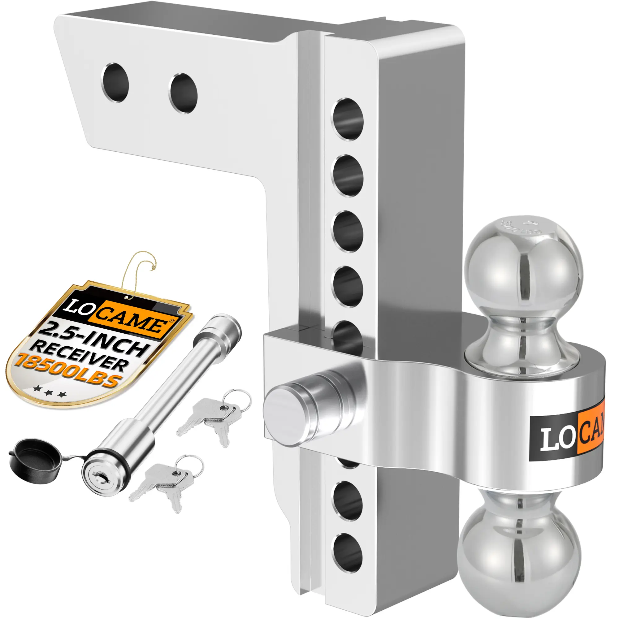 LOCAME Adjustable Trailer Hitch, Fits 2.5-Inch Receiver Only, 8-Inch Drop/Rise Aluminum Drop Hitch, 18,500 LBS GTW-Tow Hitch for Heavy Duty Truck with Double Stainless Steel Locks, Silver, LC0008